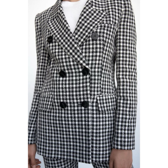 ZARA Black White Gingham Double Breasted Blazer Small Structured Cotton Jacket - Picture 3 of 10